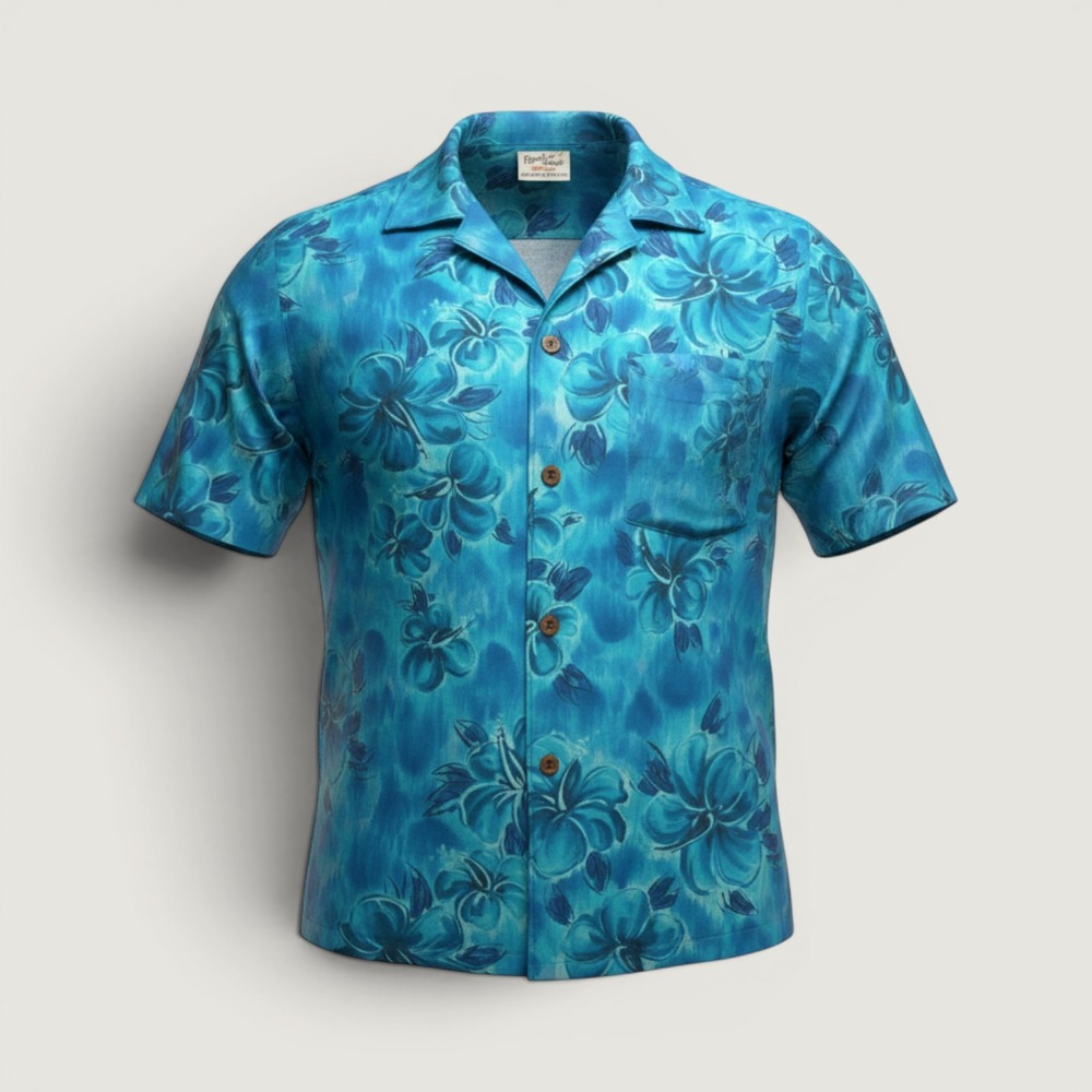 50s Paradise Hawaii Aloha Shirt Men Medium‎ Blue Floral Airbrush Metal Button